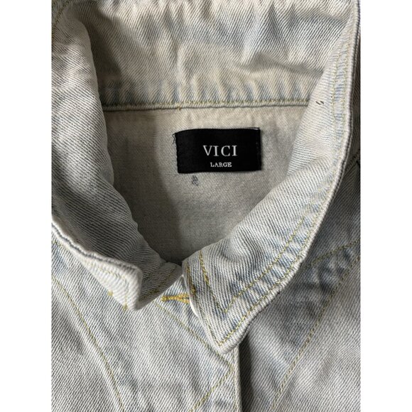 VICI Light Wash Denim Jacket Women’s Casual Button Front Distressed Jean Coat - Picture 7 of 10